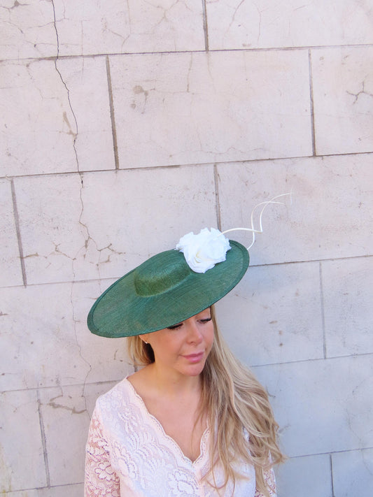 Bottle Green & Cream Large Boater Hat