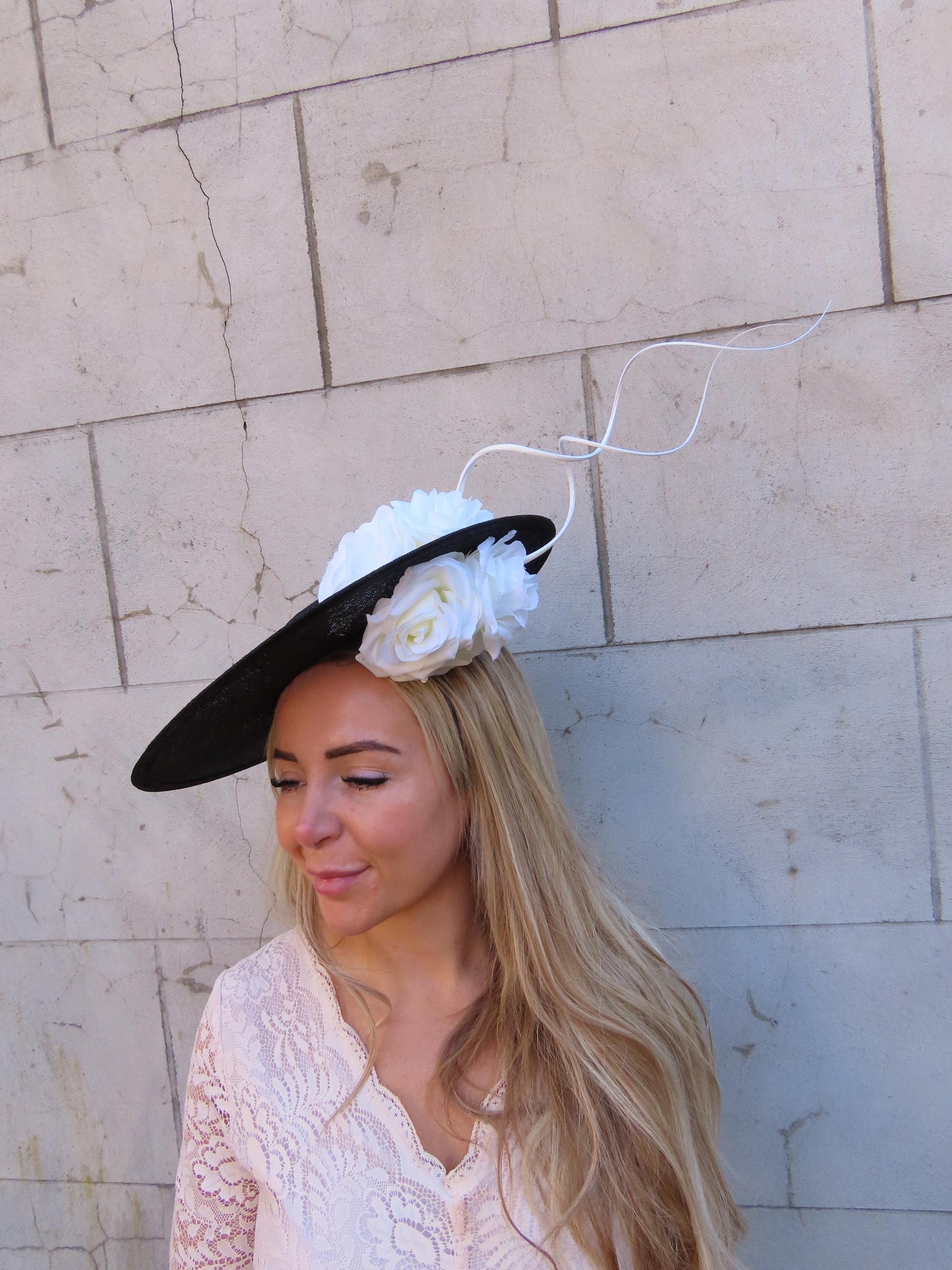 Black & Cream Large Flower Boater Hat