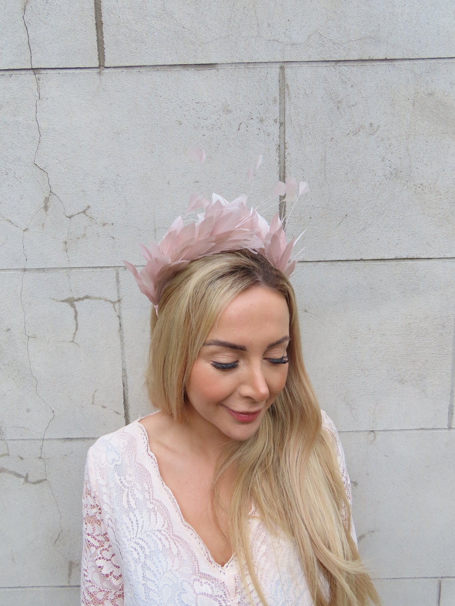 Dusky Blush Pink Feather Crown Fascinator
