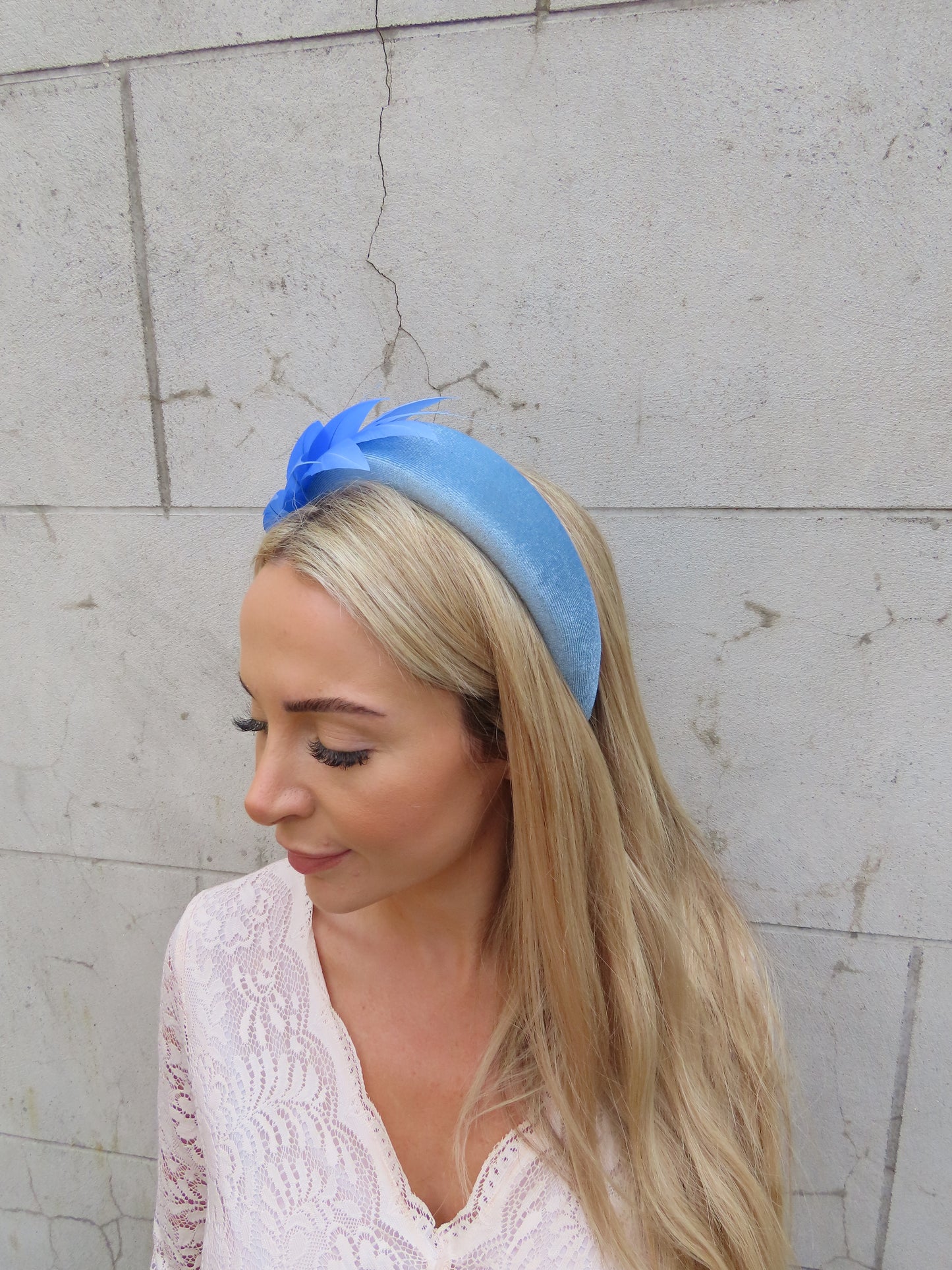 Cornflower Blue Velvet Feather Fascinator Headband