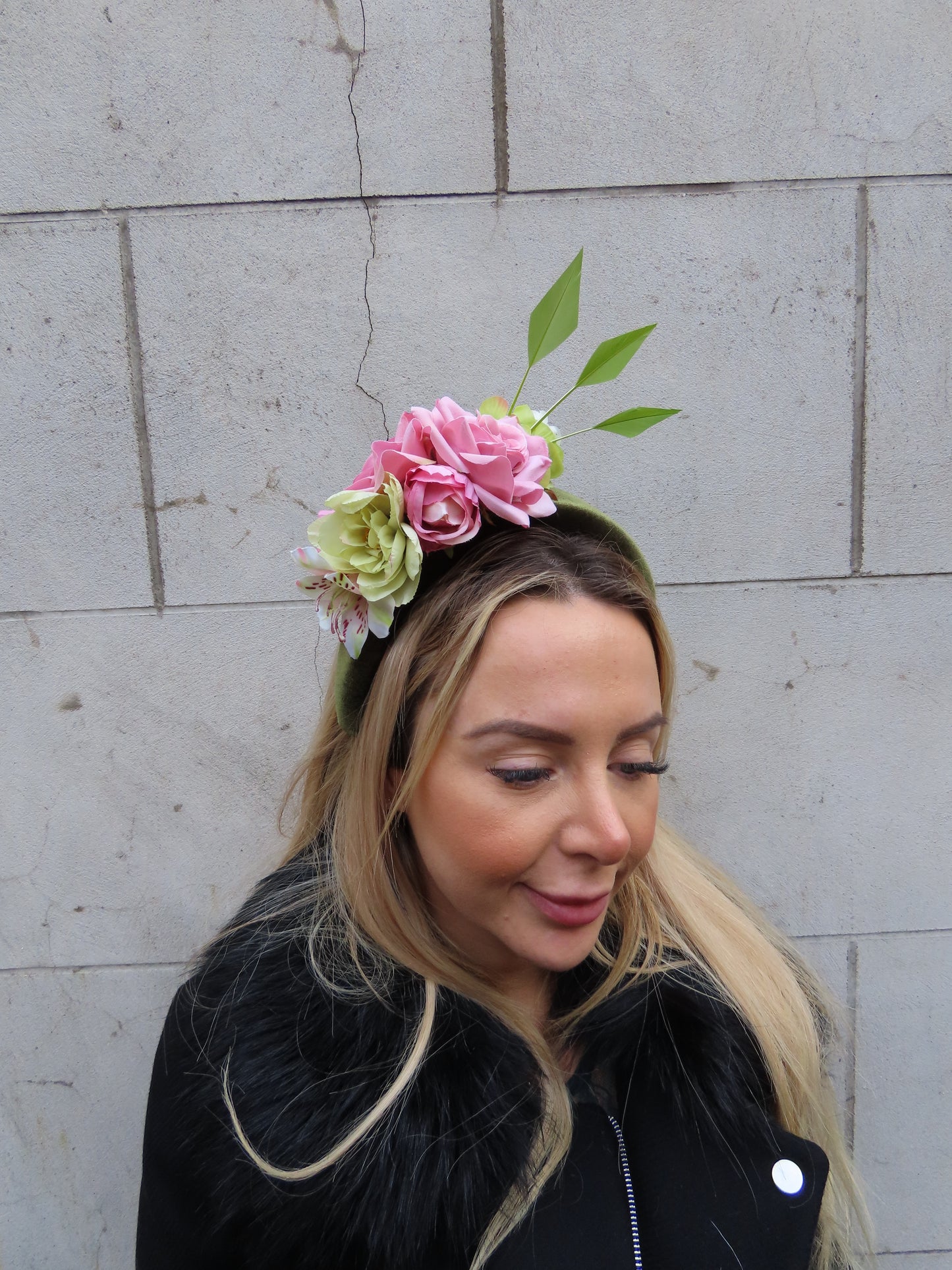 Olive Green & Dusky Pink Flower Headpiece