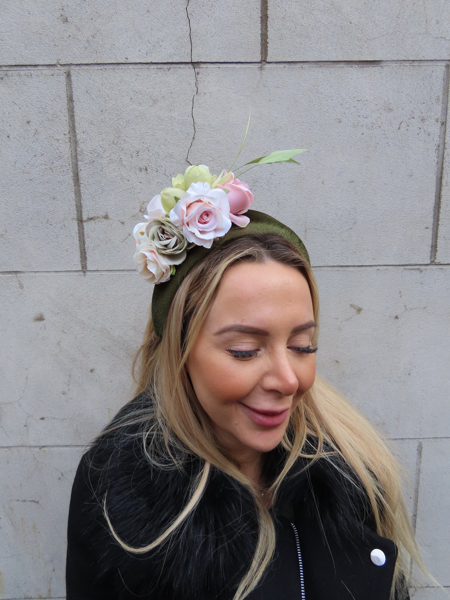 Olive Green & Blush Flower Headpiece