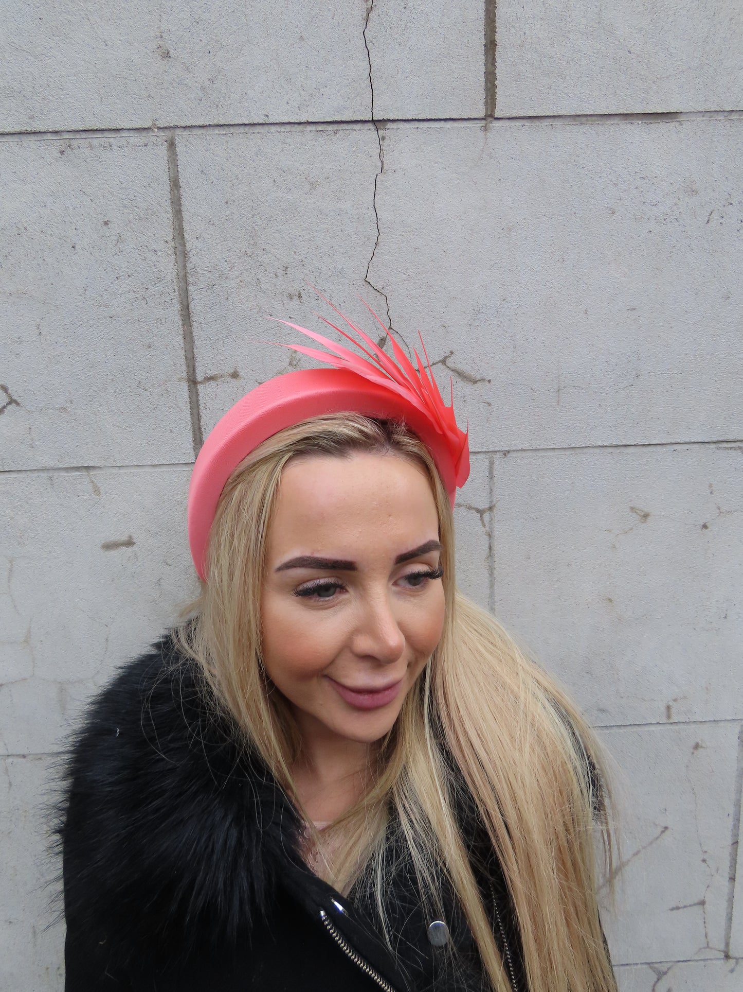 Coral Feather Padded Headband Fascinator