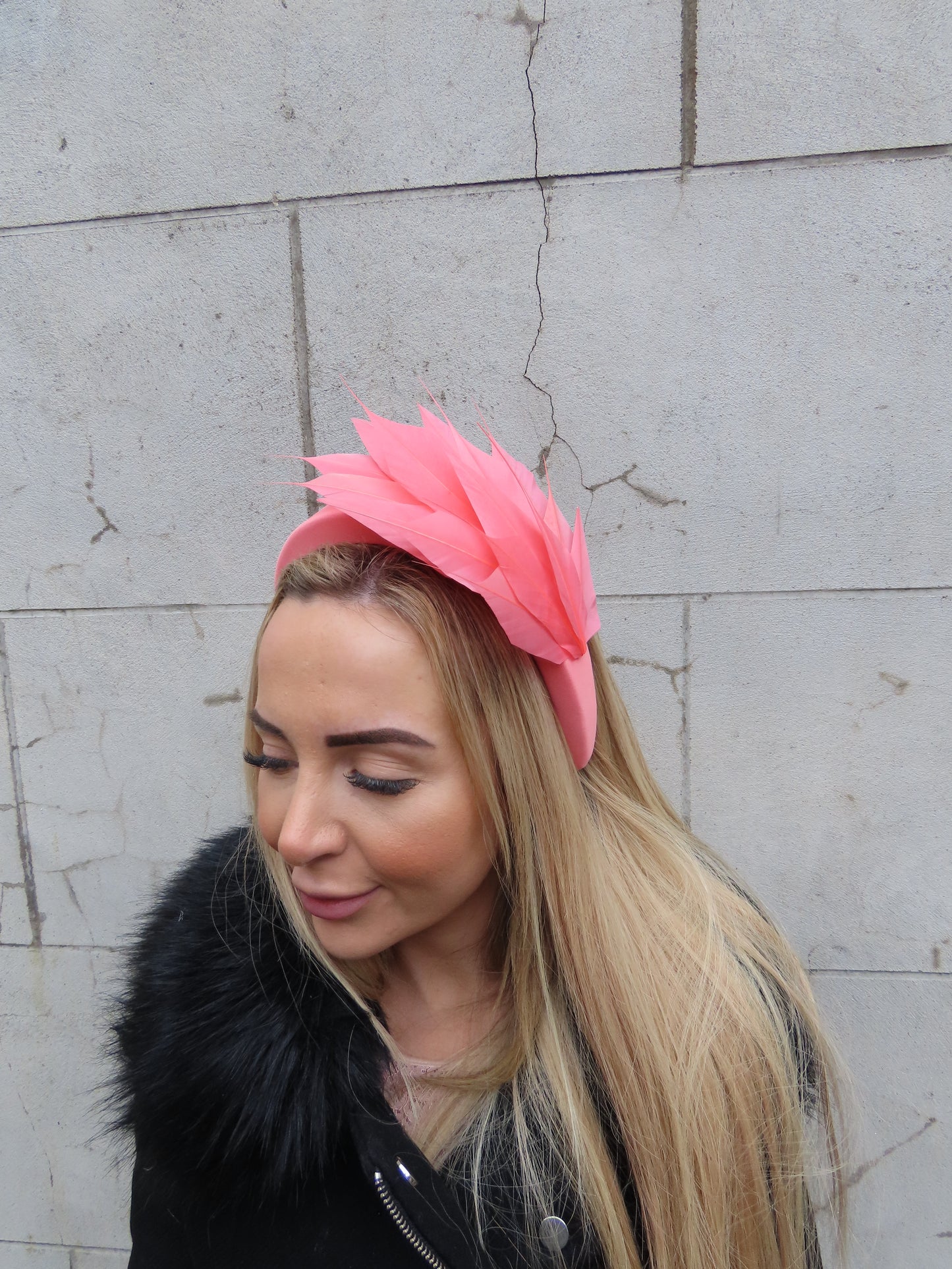 Coral Feather Padded Headband Fascinator