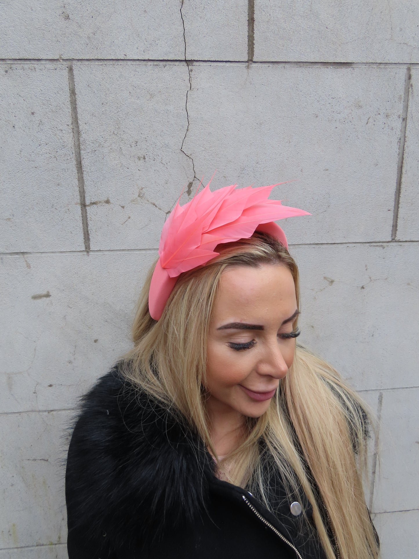 Coral Feather Padded Headband Fascinator