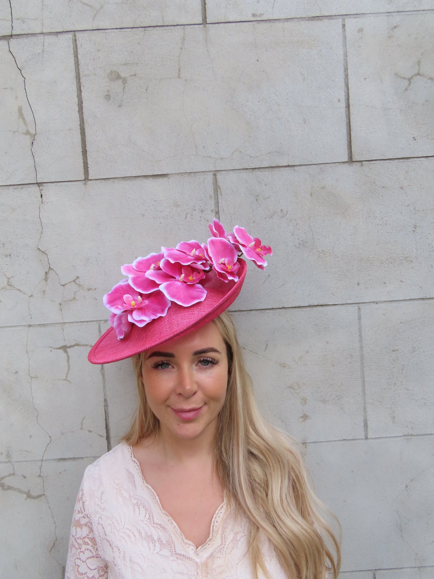 Hot Pink & White Orchid Flower Hat Fascinator