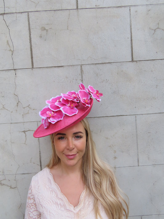 Hot Pink & White Orchid Flower Hat Fascinator