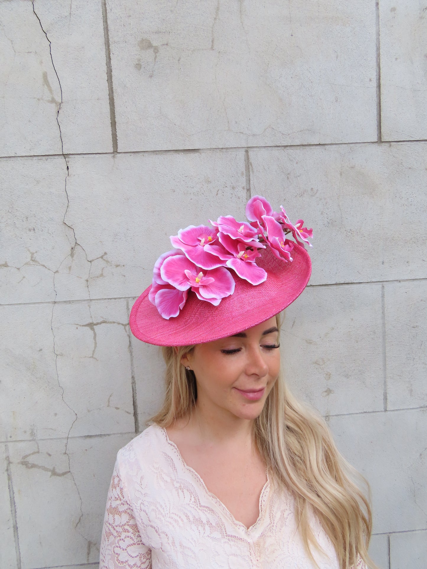 Hot Pink & White Orchid Flower Hat Fascinator