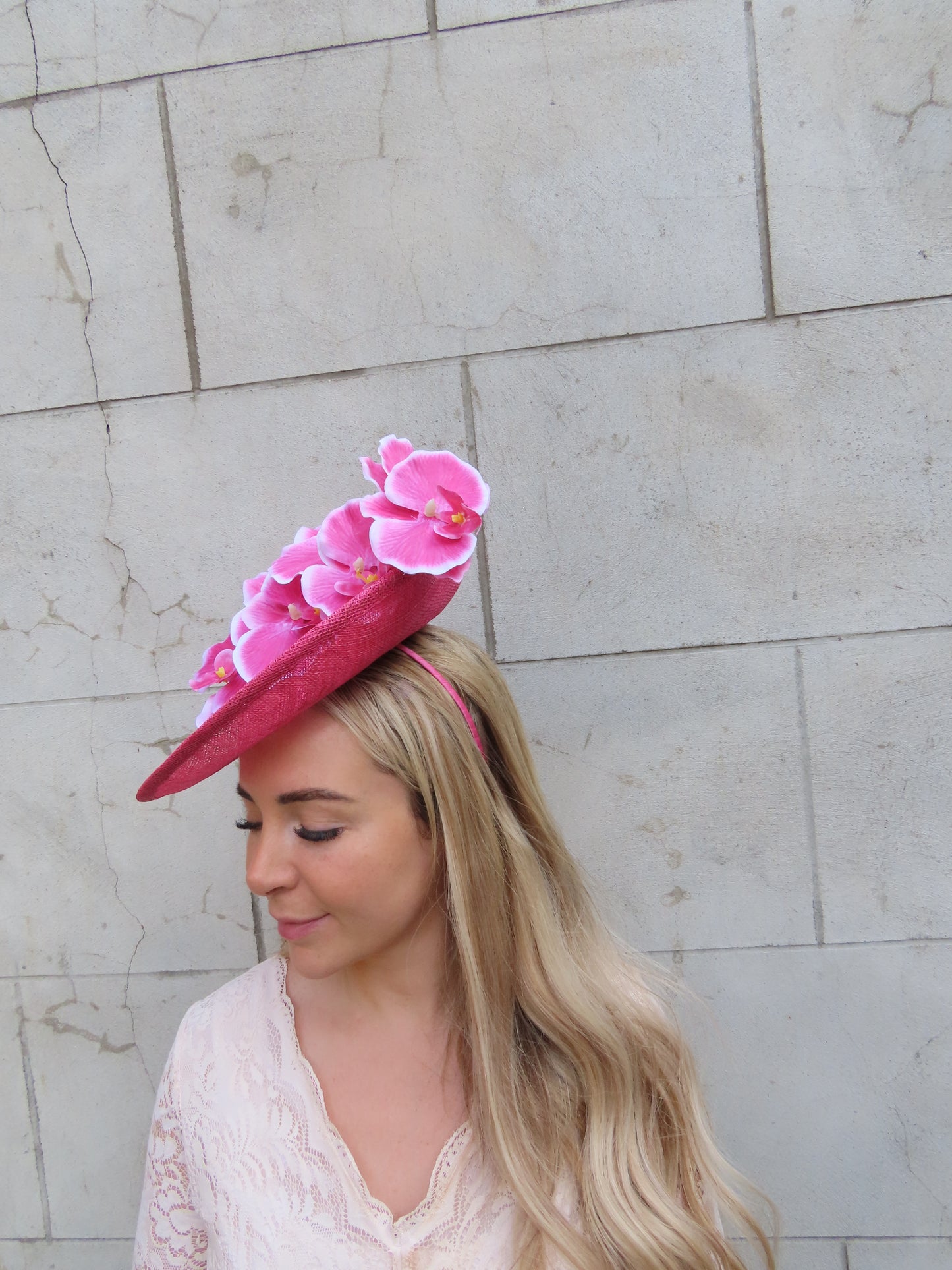Hot Pink & White Orchid Flower Hat Fascinator