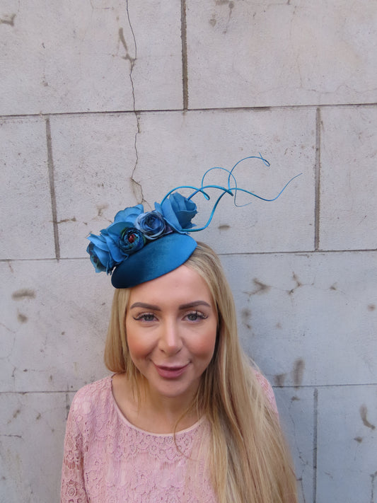 Teal Flower Pillbox Hat