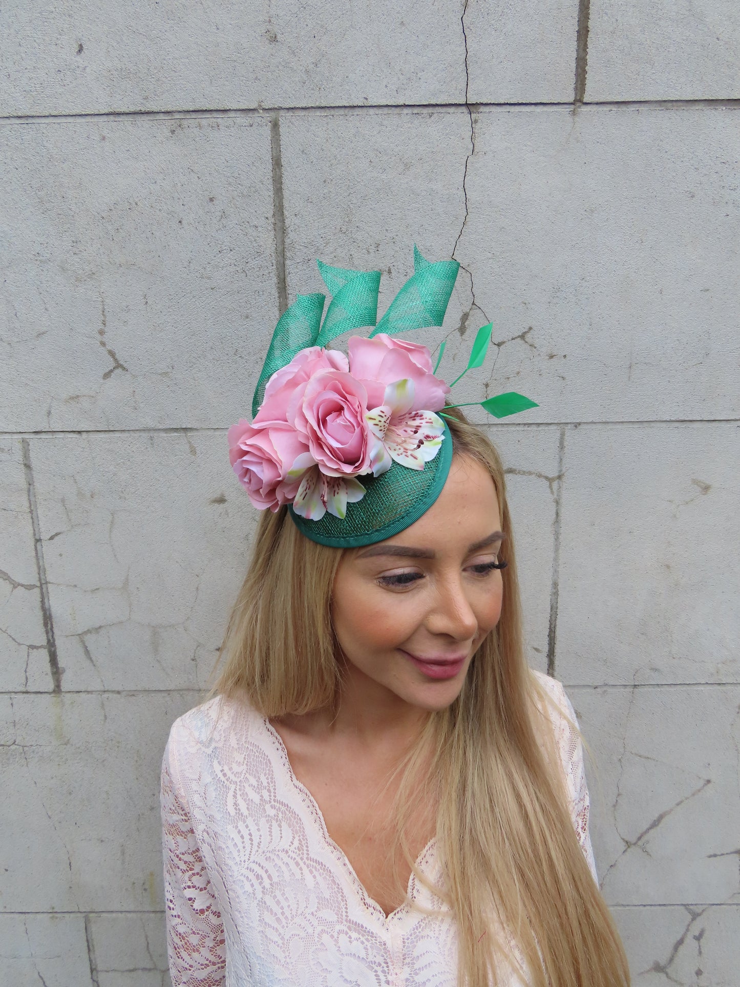 Emerald Green & Blush Flower Hat