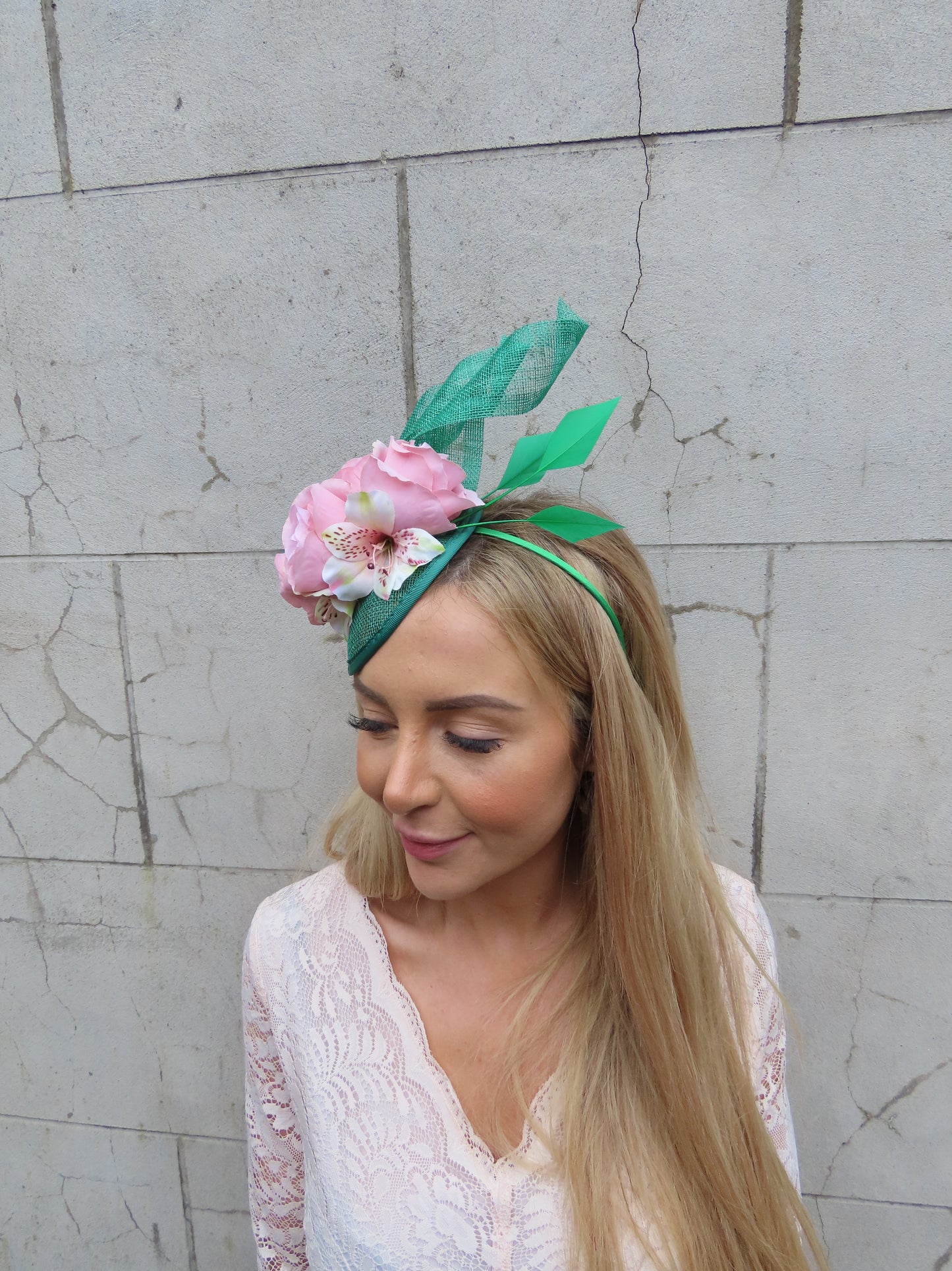 Emerald Green & Blush Flower Hat