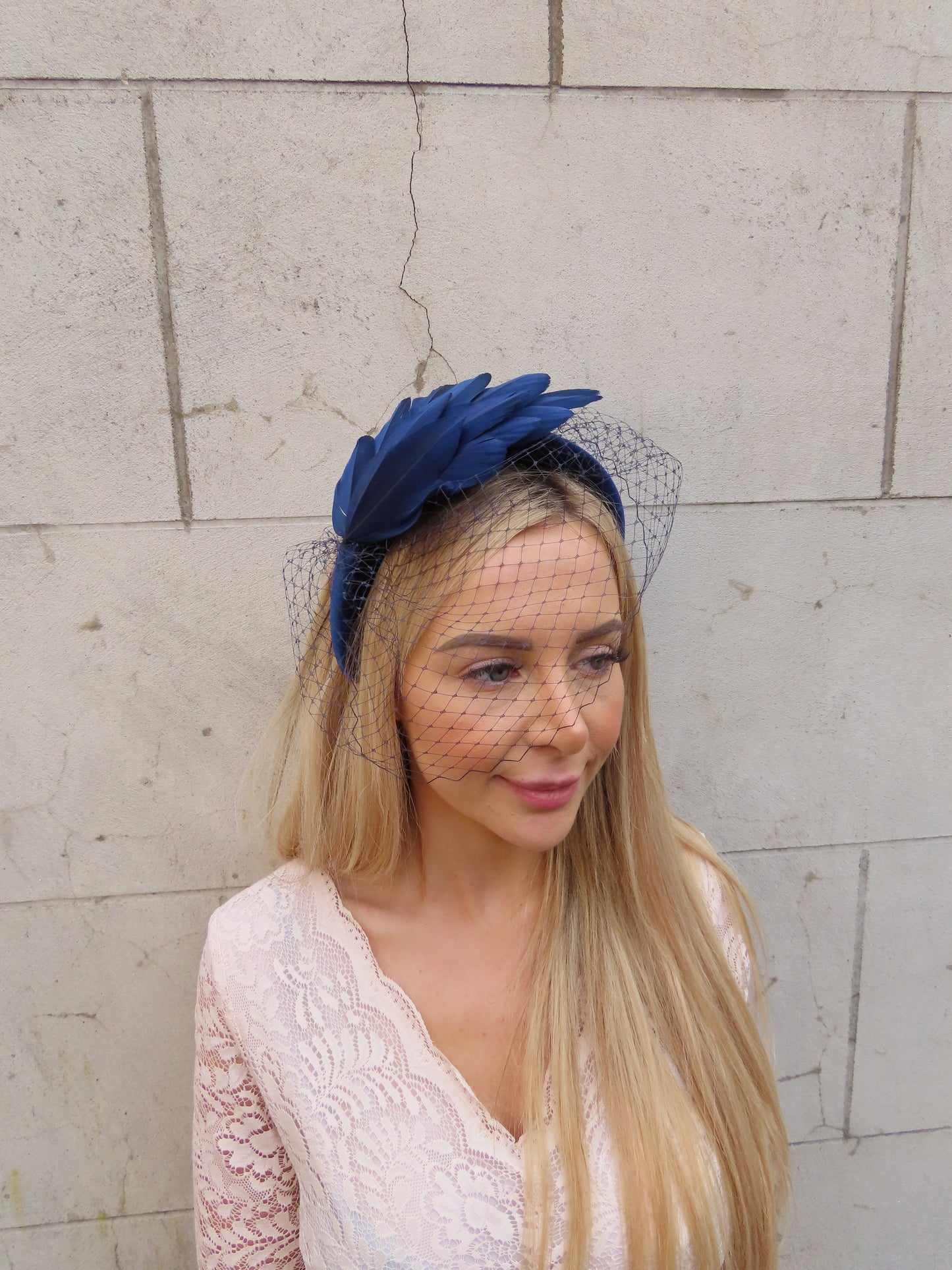 Navy Blue Birdcage Veil Feather Headband