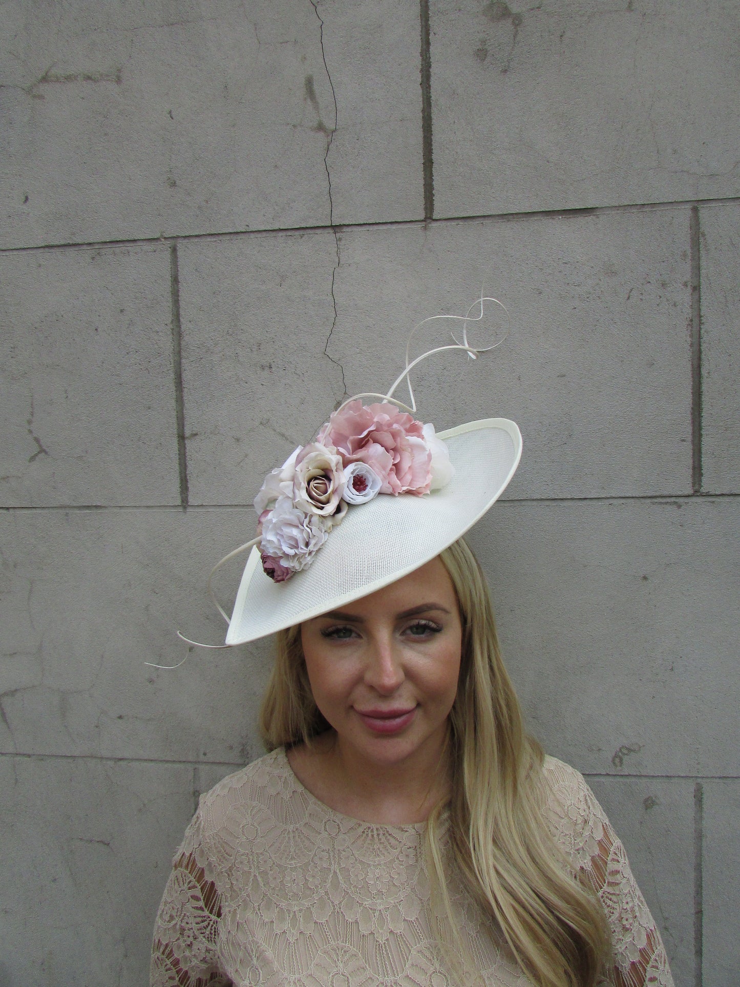 Large Cream & Nude Flower Teardrop Hat