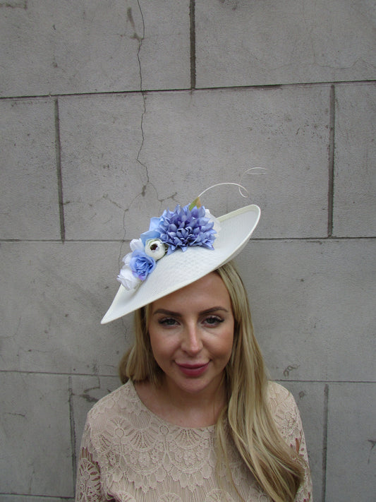 Large Cream & Cornflower Blue Teardrop Hat