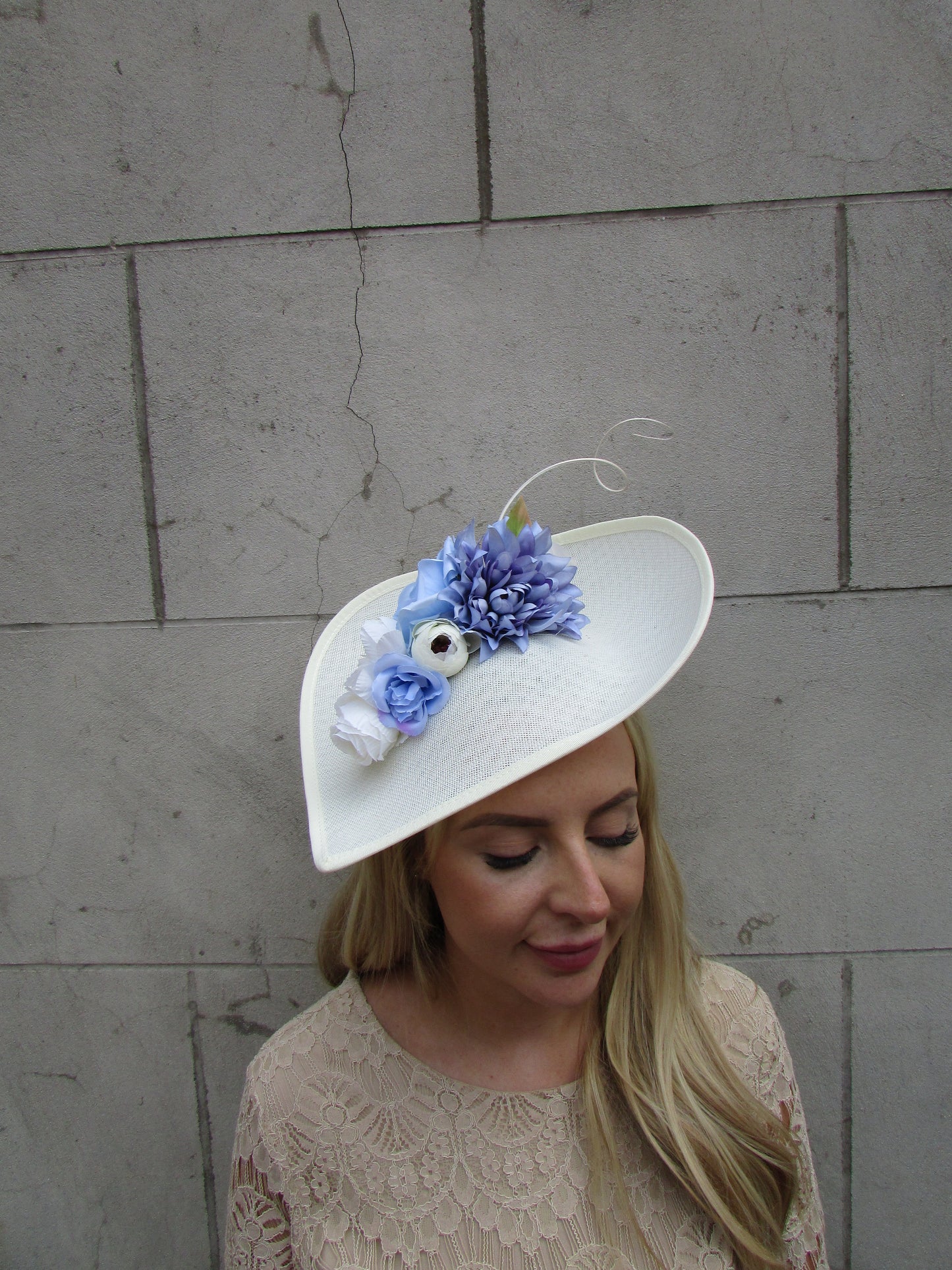 Large Cream & Cornflower Blue Teardrop Hat