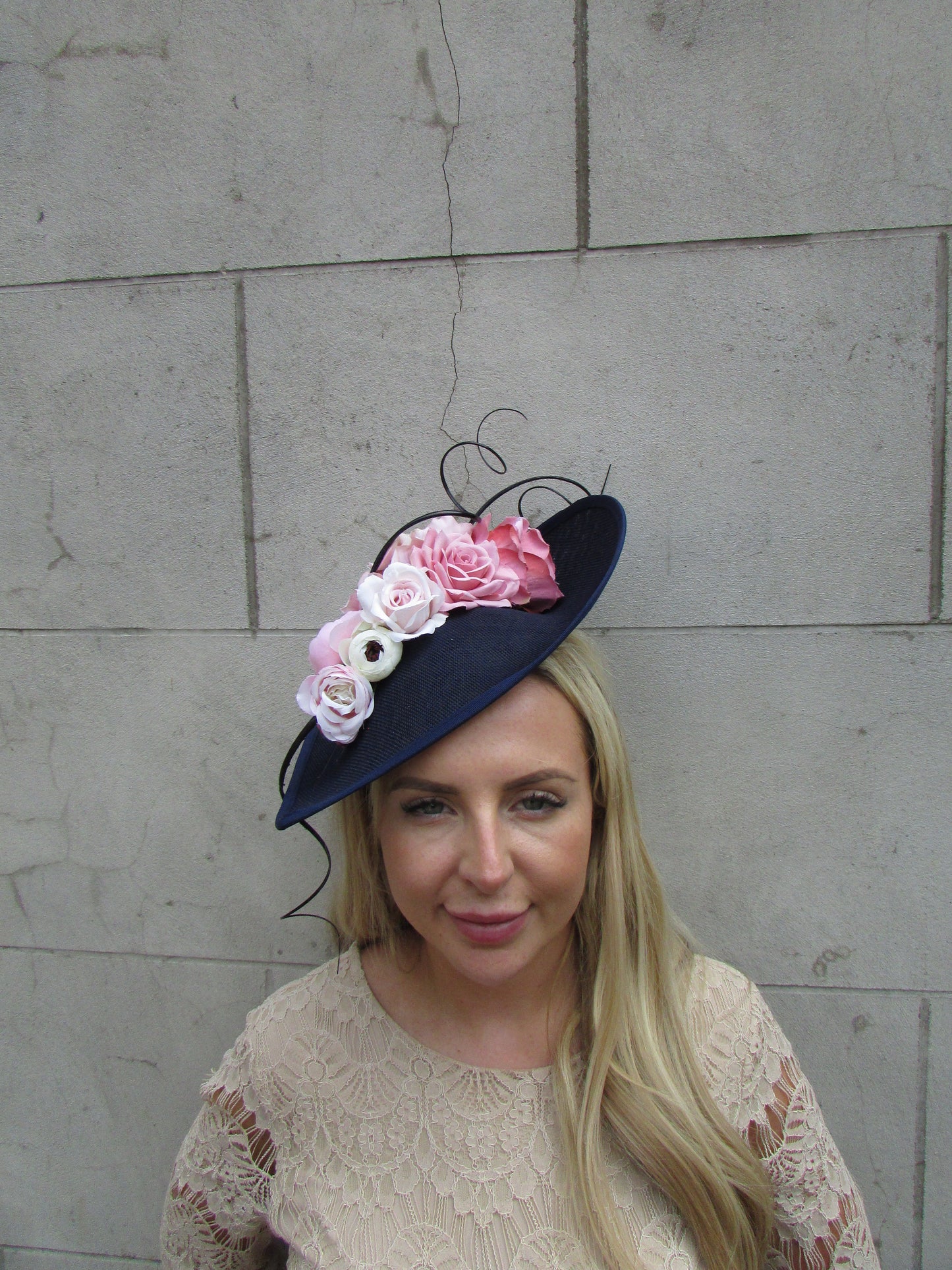 Large Navy Blue Cream & Dusky Pink Hatinator
