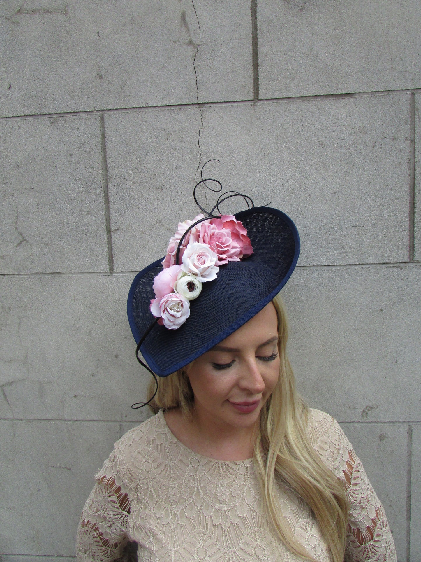 Large Navy Blue Cream & Dusky Pink Hatinator