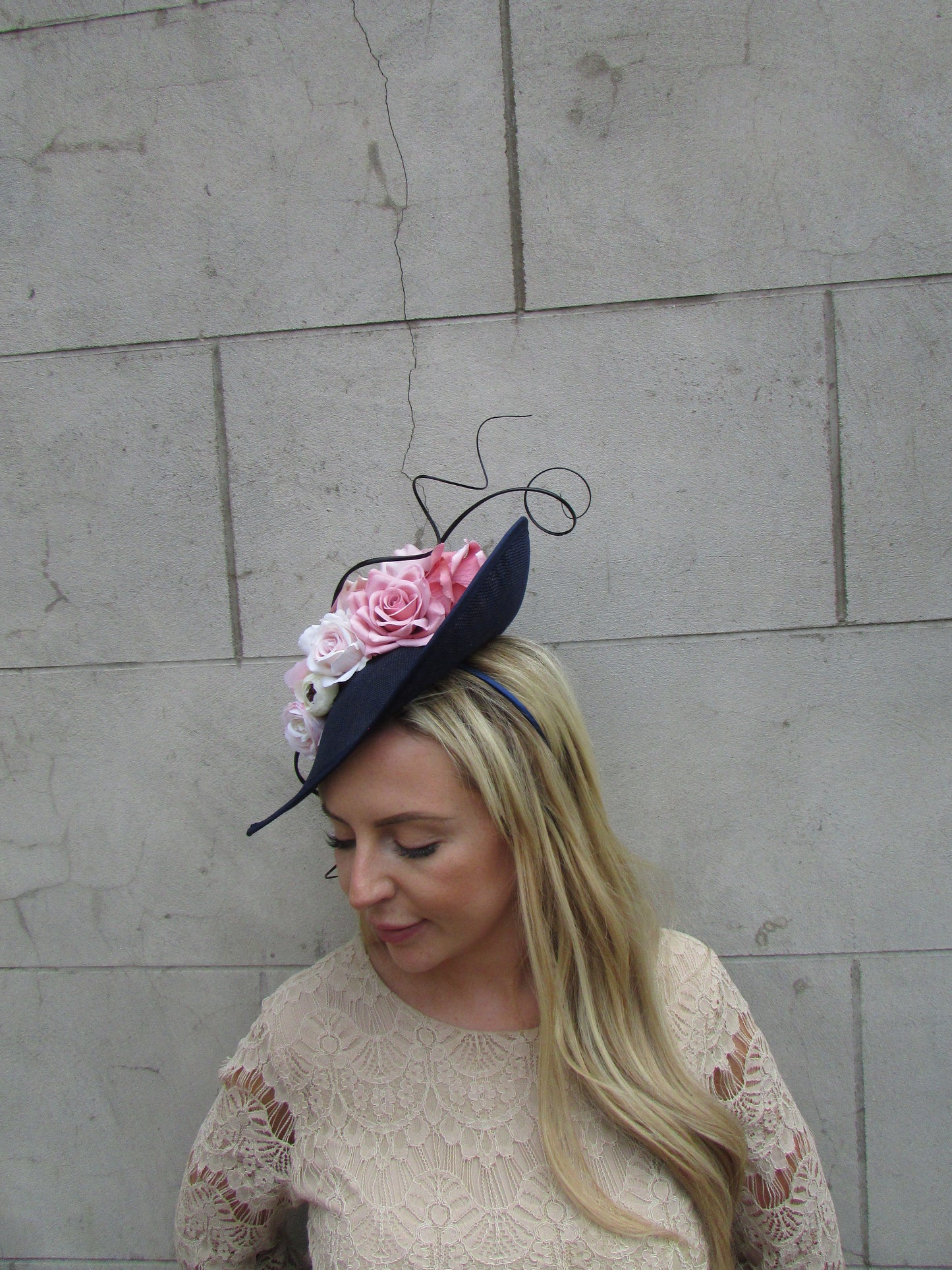Large Navy Blue Cream & Dusky Pink Hatinator