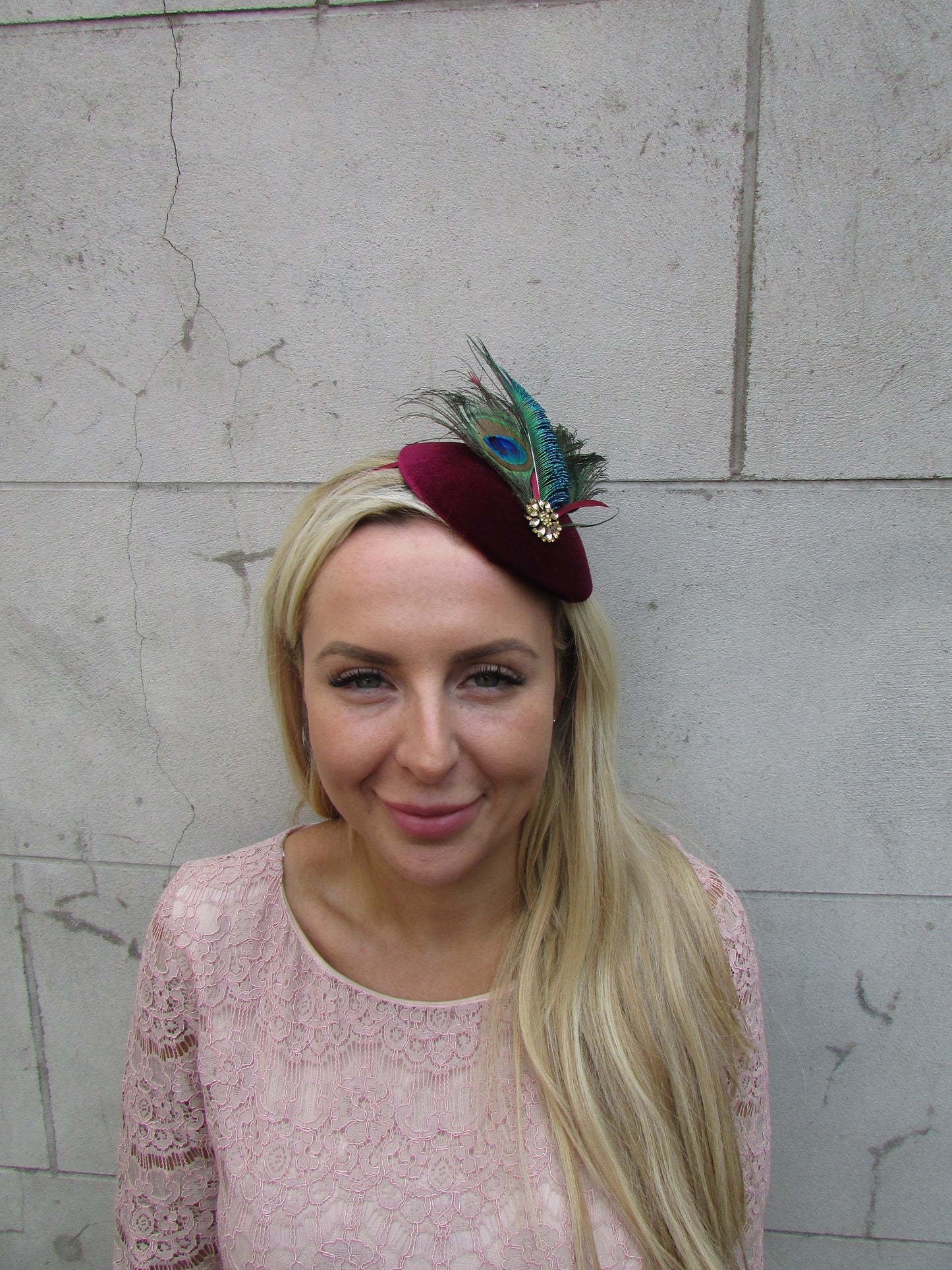 Burgundy Peacock Pillbox Hat