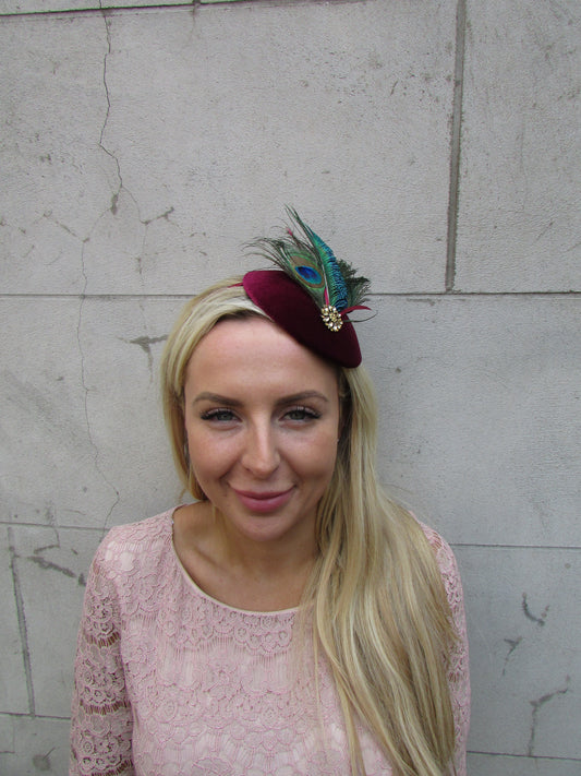 Burgundy Peacock Pillbox Hat