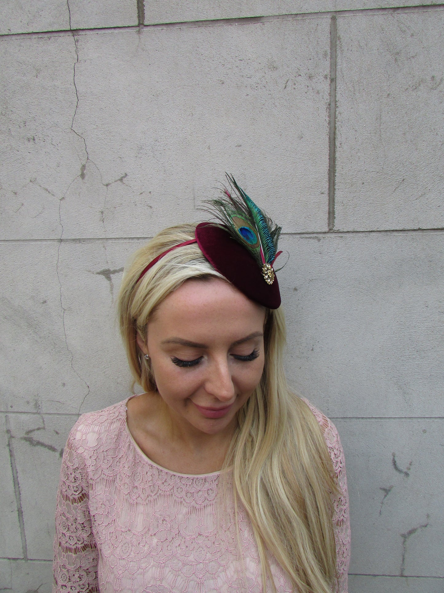 Burgundy Peacock Pillbox Hat