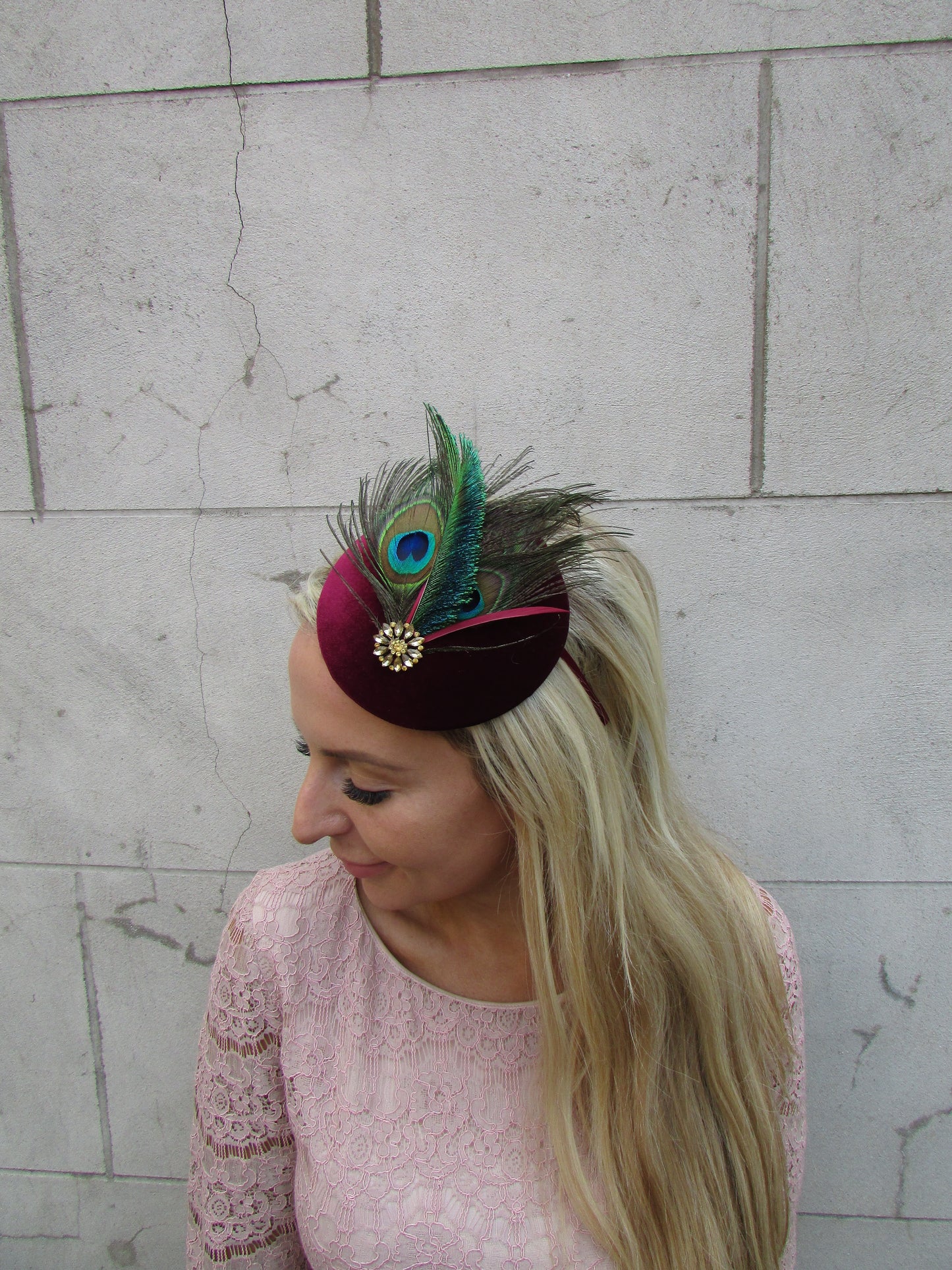 Burgundy Peacock Pillbox Hat