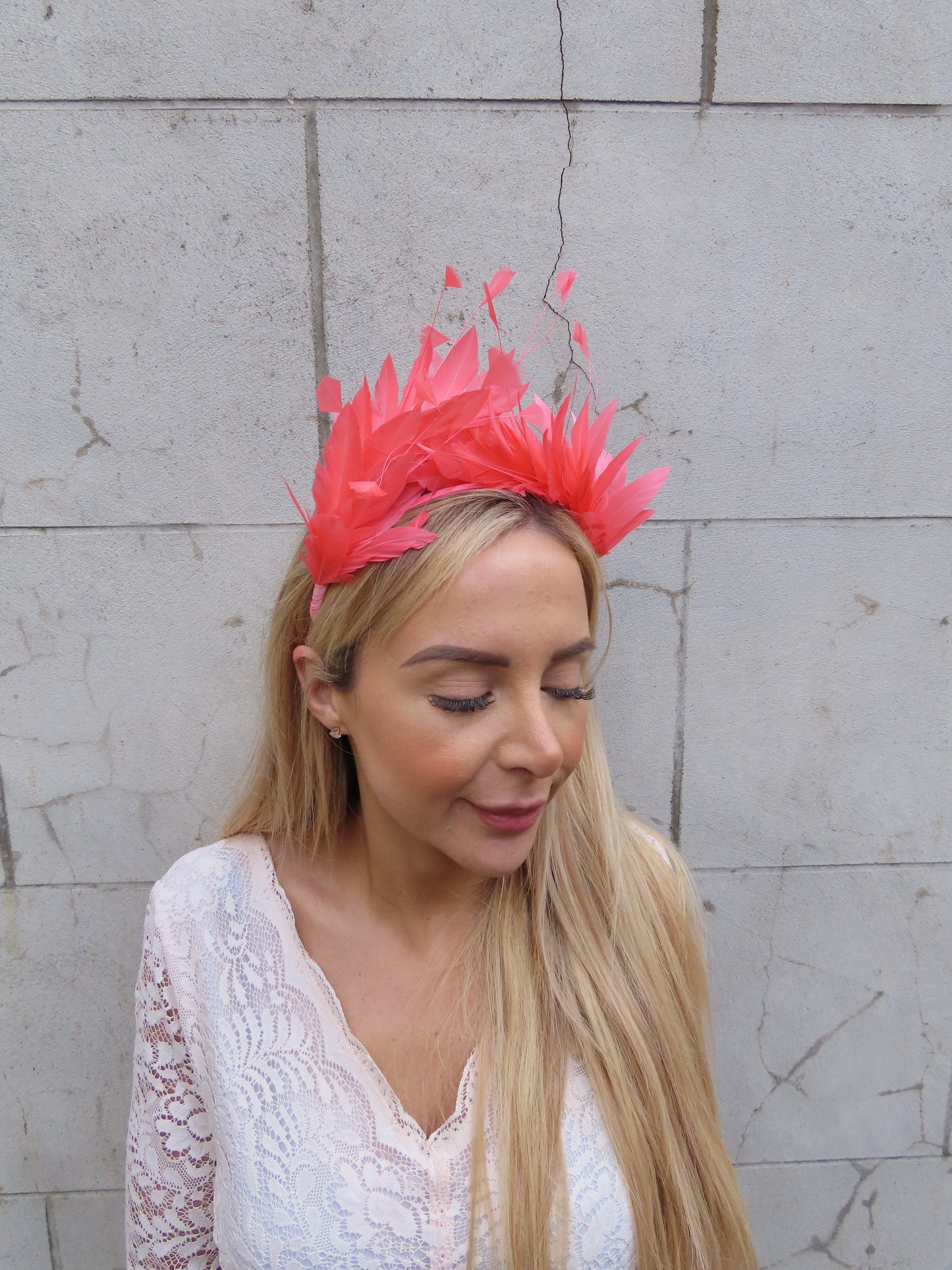 Coral Feather Crown Fascinator