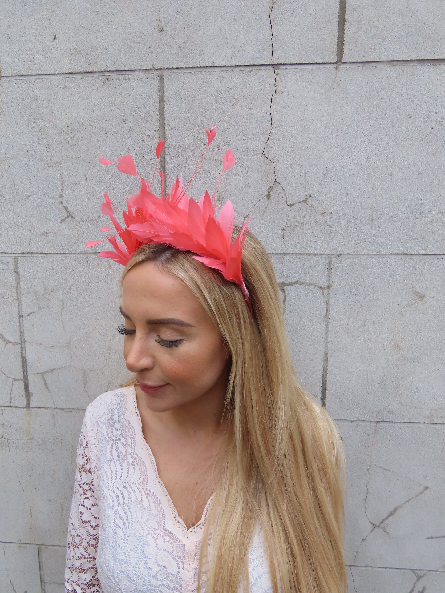 Coral Feather Crown Fascinator