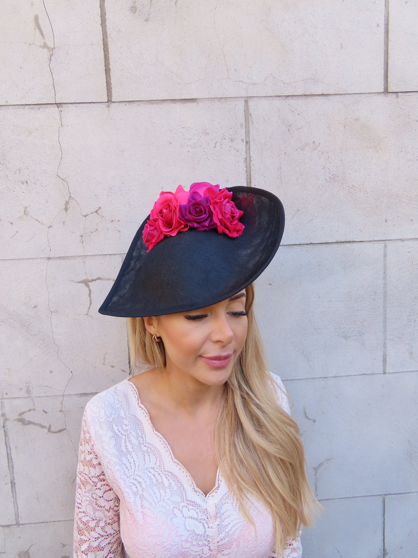 Black & Pink Floral Dramatic Teardrop Hat