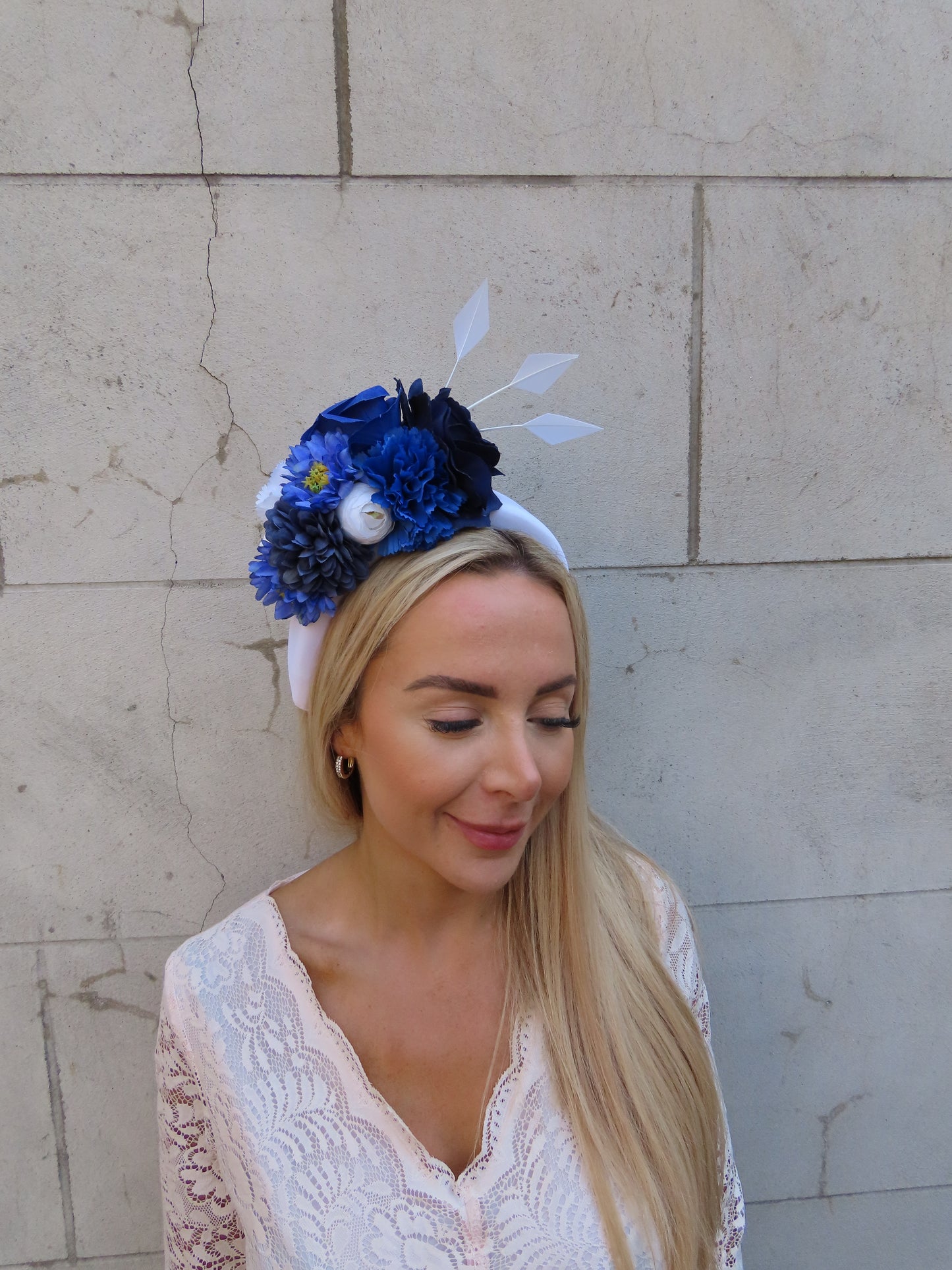 White & Royal Navy Blue Flower Headpiece