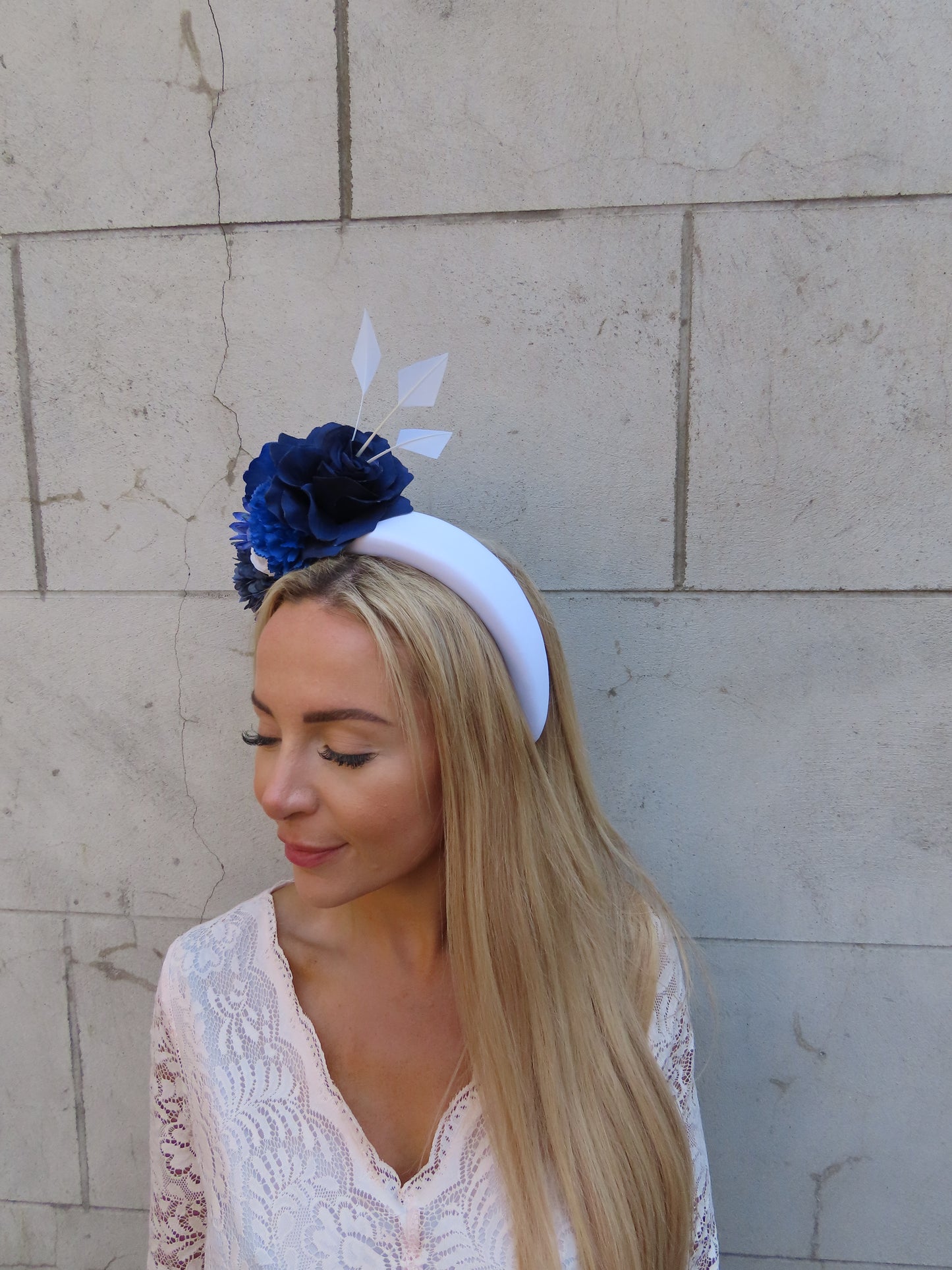 White & Royal Navy Blue Flower Headpiece