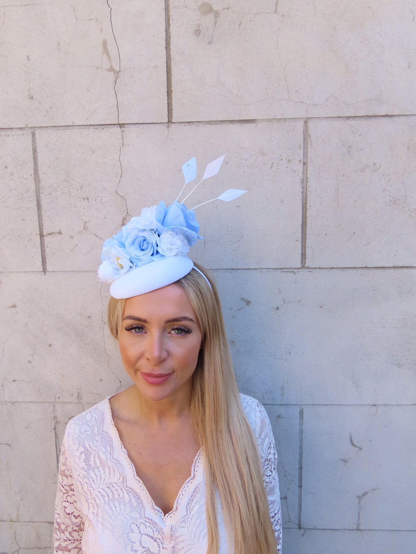 White & Light Blue Flower Pillbox Hat