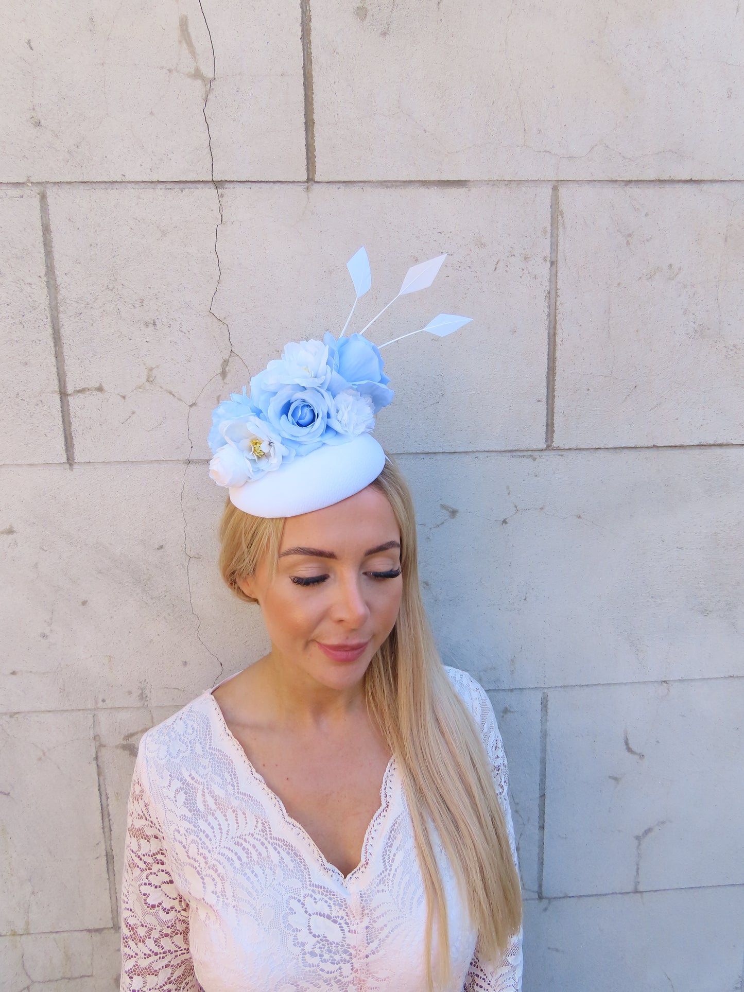 White & Light Blue Flower Pillbox Hat