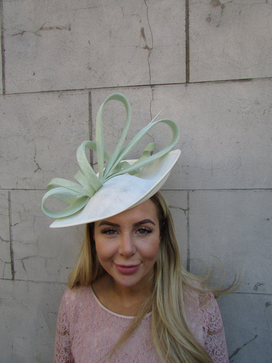 Large Cream & Mint Teardrop Fascinator Hat