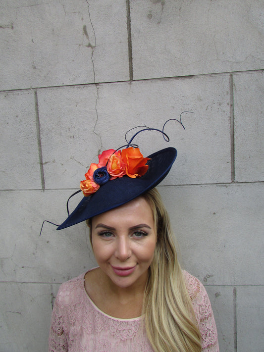 Large Navy Blue & Orange Flower Teardrop Hatinator