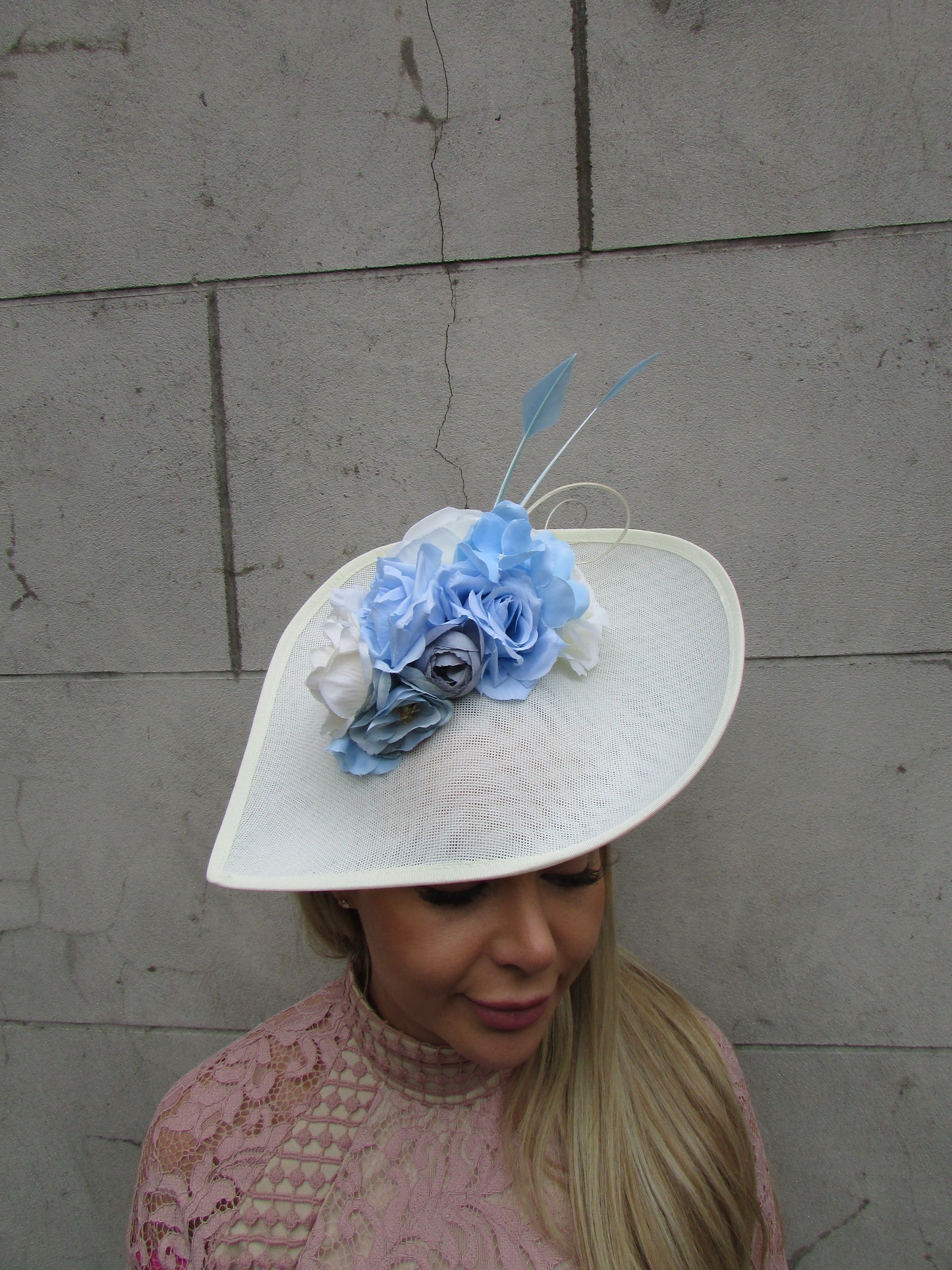 Large Cream & Light Blue Teardrop Hat
