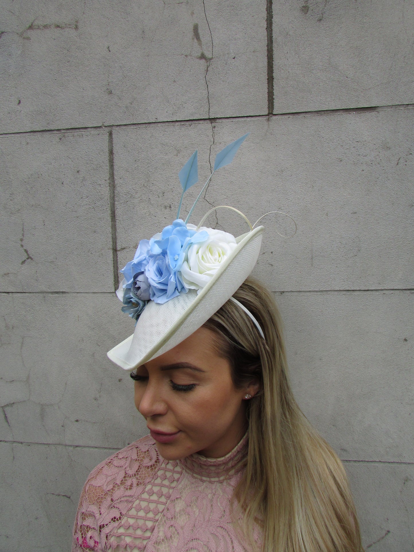 Large Cream & Light Blue Teardrop Hat