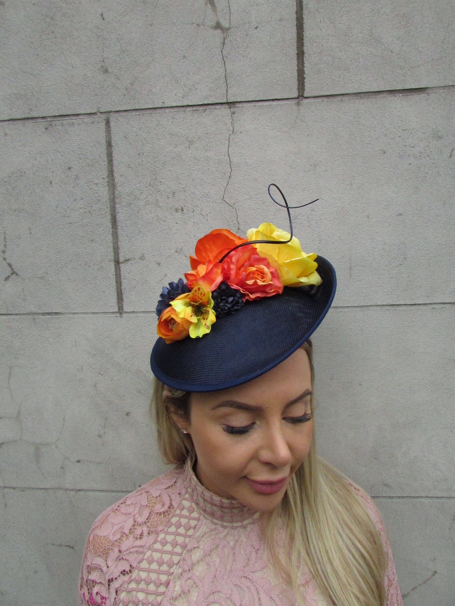 Navy Orange & Yellow Flower Fascinator Hat
