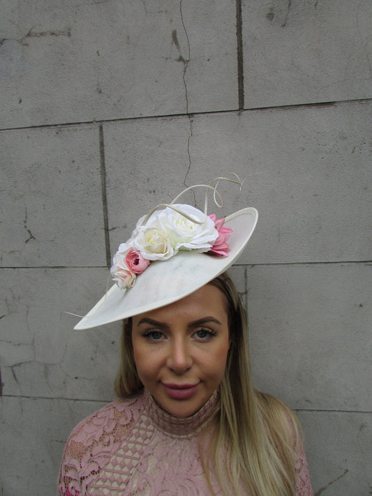 Large Cream & Pink Flower Teardrop Hat