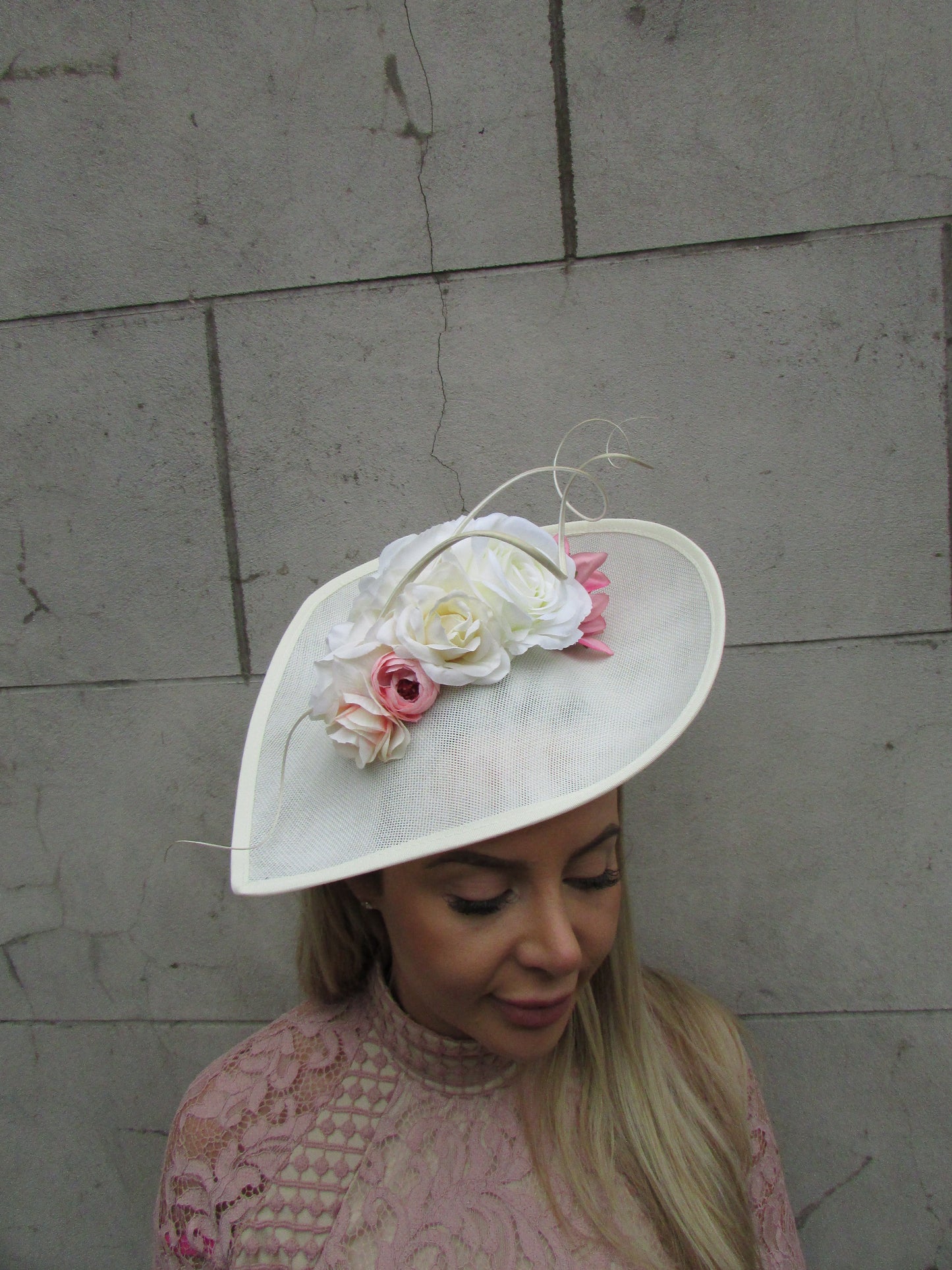 Large Cream & Pink Flower Teardrop Hat