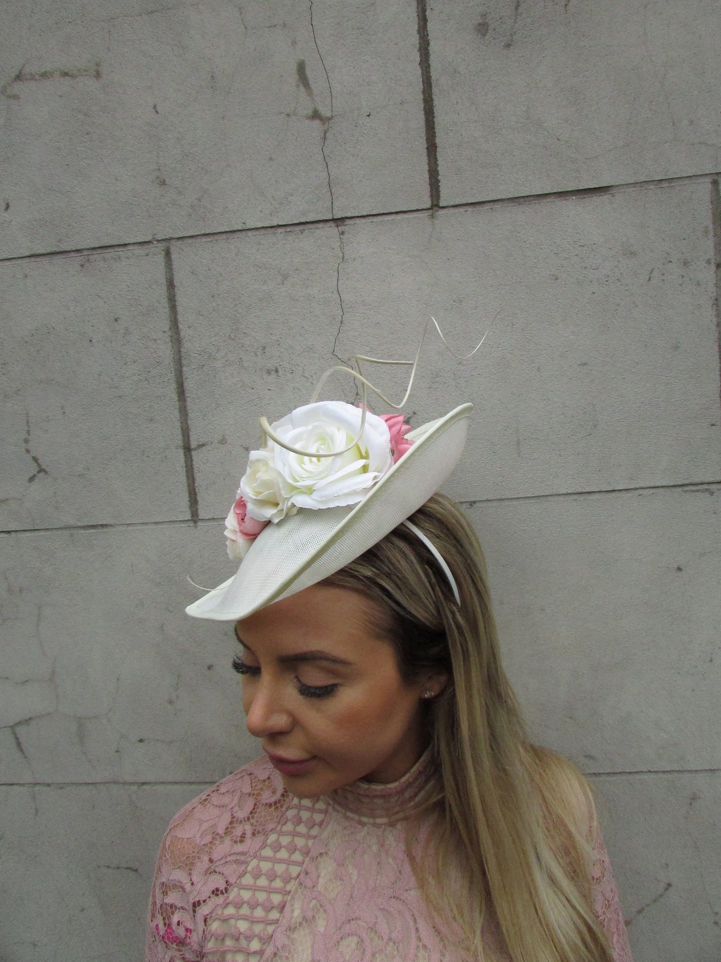 Large Cream & Pink Flower Teardrop Hat