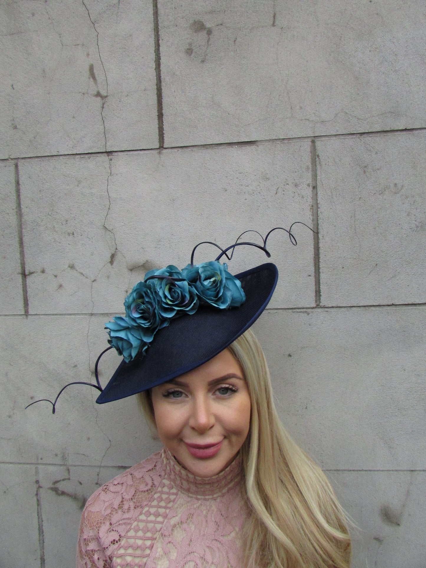 Navy Blue & Teal Rose Flower Large Hat