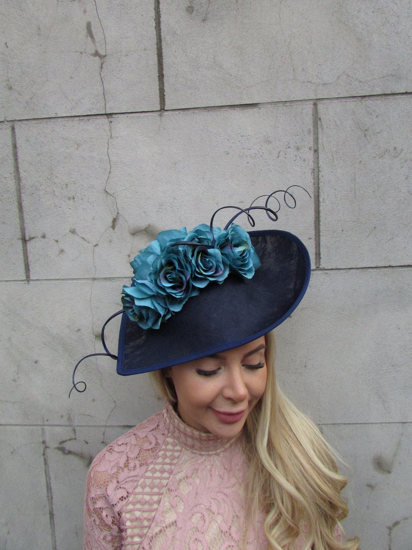 Navy Blue & Teal Rose Flower Large Hat