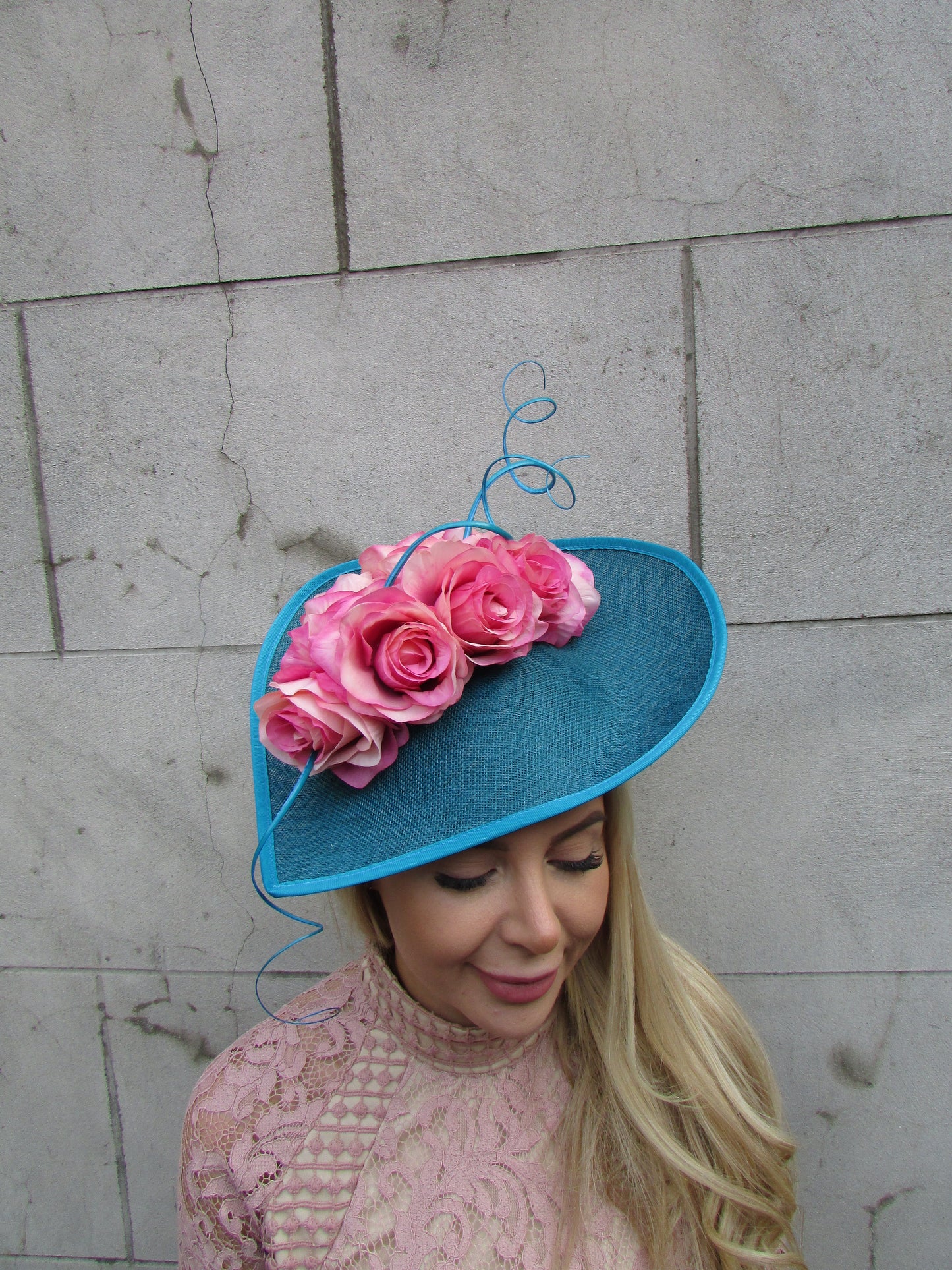 Teal & Nude Pink Rose Flower Teardrop Hat