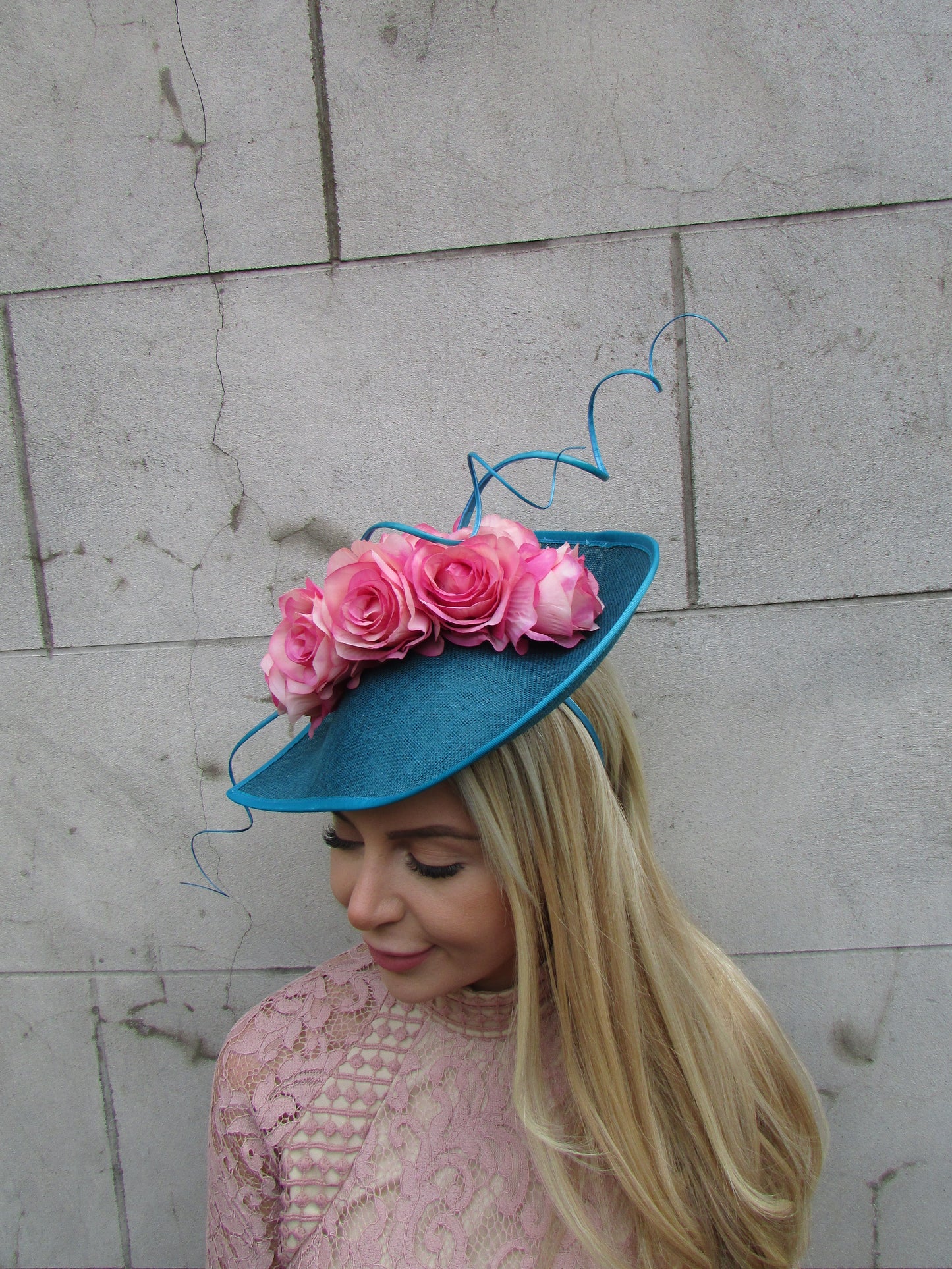 Teal & Nude Pink Rose Flower Teardrop Hat