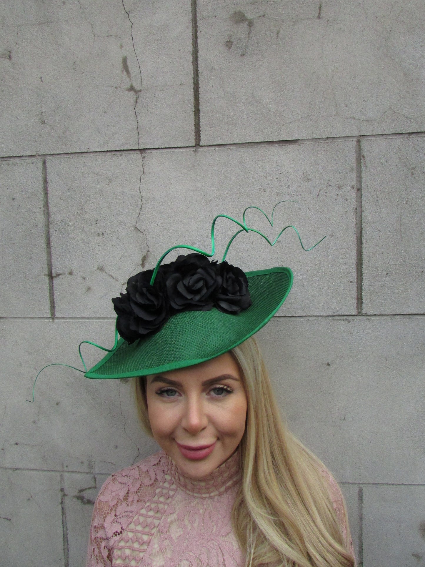 Large Black & Emerald Green Floral Hat Fascinator