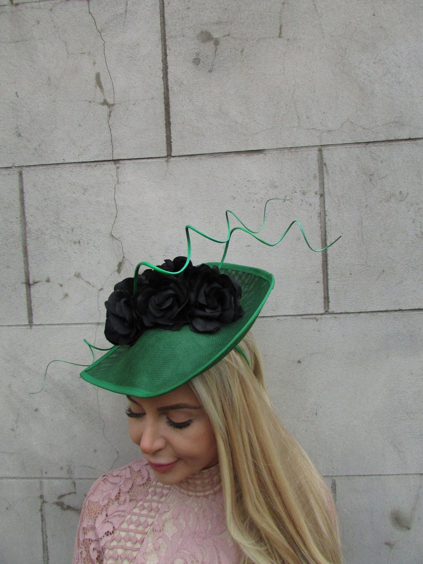 Large Black & Emerald Green Floral Hat Fascinator