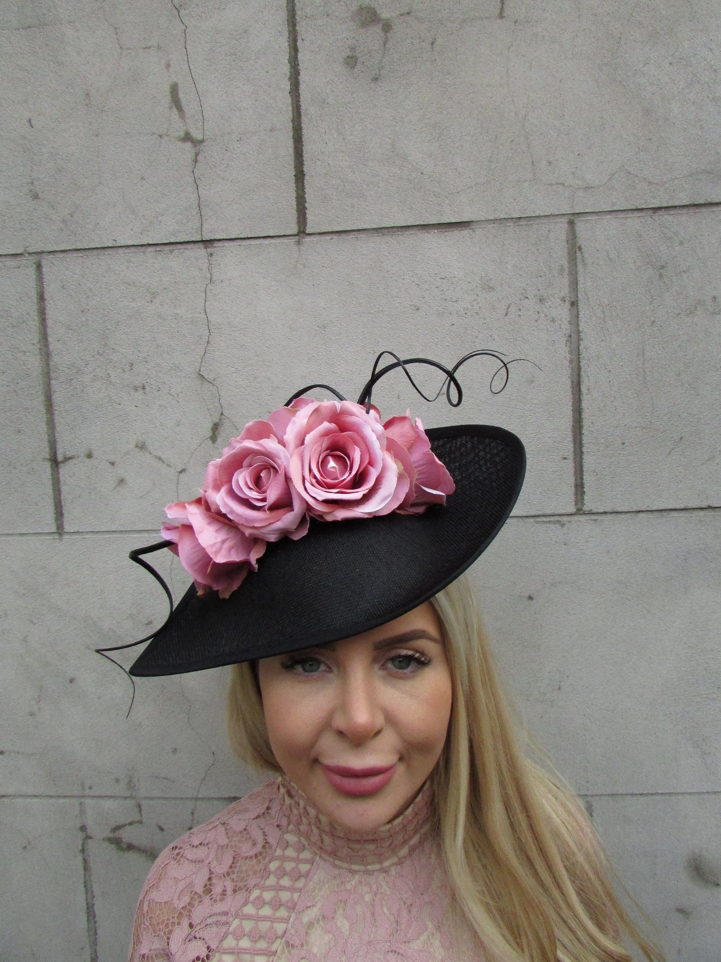 Large Black & Dusky Pink Rose Teardrop Hat