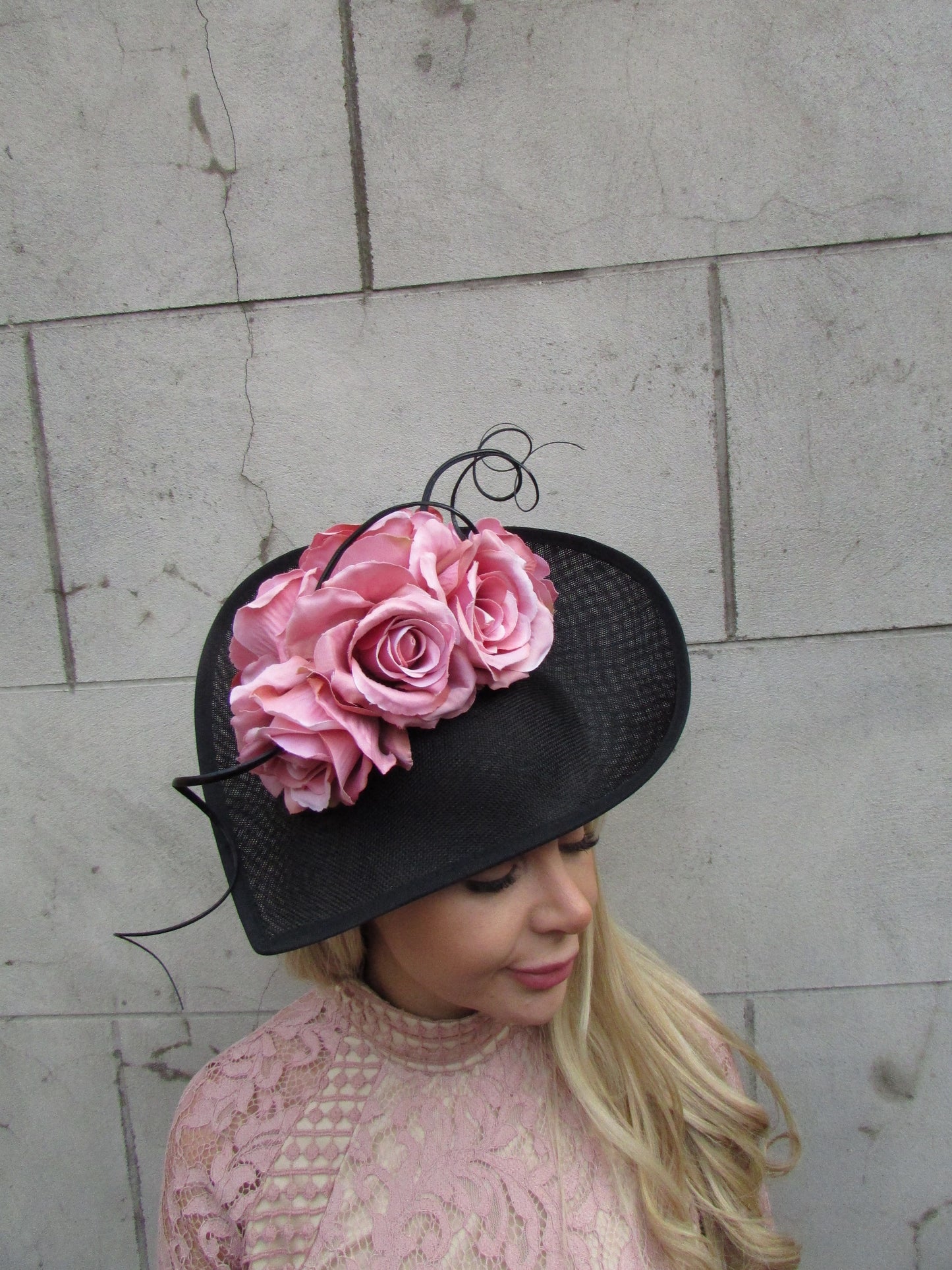 Large Black & Dusky Pink Rose Teardrop Hat